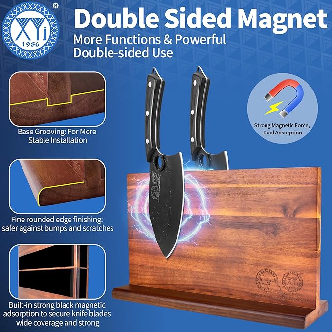 XYJ Authentic Since 1986, Kitchen Knife Block Set, Knives Set with Magnetic Knife Block, Sharpening Stick, Gloves, Scissors, Chopping Board, Washing Towel, Chef Knives Set, Full Tang Handles