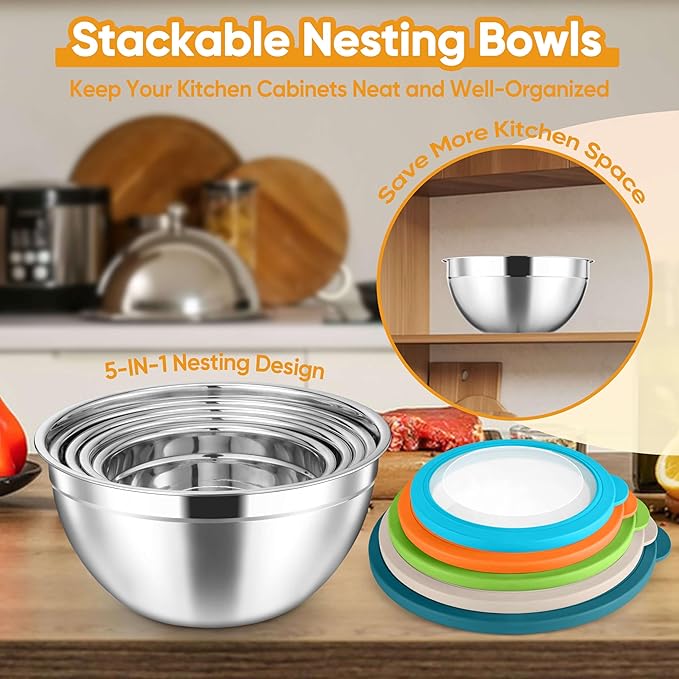 Herogo 5-Piece Mixing Bowls with Visible Lids, 3 Grater Attachments, Stainless Steel Salad Serving Bowls for Kitchen, 4.6/3.5/2.5/2/1.5 QT Ideal for Prepping & Cooking, Colorful