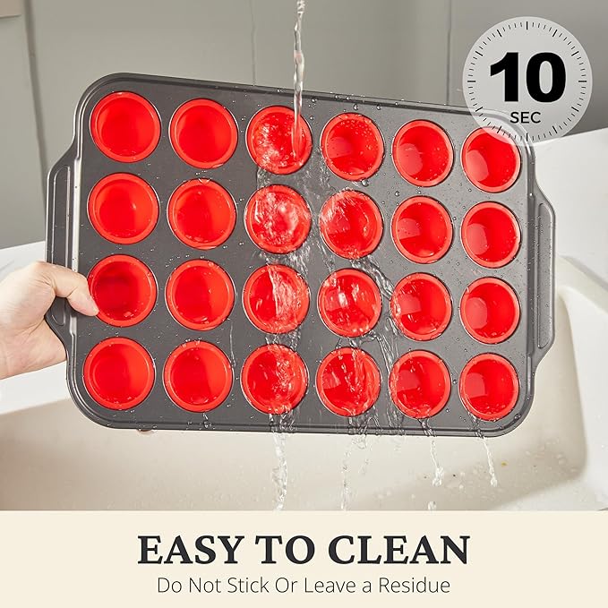Silicone Mini Muffin Pan with Metal Frame, Egg Bite Molds for Baking for Baking, Cupcake Pans 24 Regular Size, Muffin Tins Easy to Pop Nonstick Non Toxic Bakeware for Oven,Red