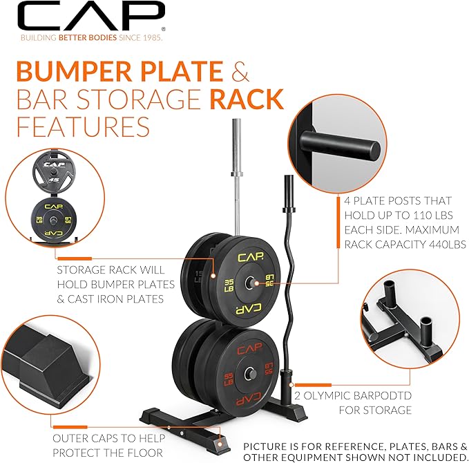 CAP Barbell 2-Inch Olympic Bumper Plate Weight Set with 6 Post Rack | 100-370 lbs | Multiple Options