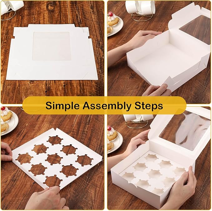 9-Count White Cupcake Boxes with Window and Insert, 9x9x3 Inch, Set of 8, Suitable for Cupcakes, Muffins, and Cookies
