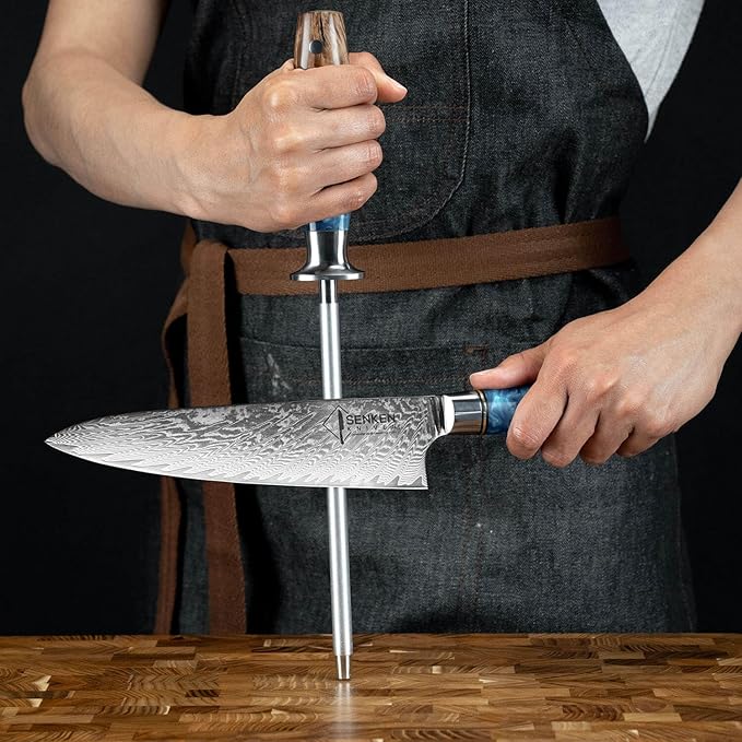 SENKEN Professional Sharpening Steel for Damascus Knives - Tsunami Collection - Incredibly Strong Emery Rod for Sharpening & Honing Knives Up to 63 HRC - Beautiful Blue Resin & Natural Wood Handle
