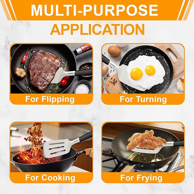 13.4 in Stainless Steel Spatula Set of 2, Heavy Duty Solid & Slotted Metal Spatula with Silicone Handle for Cast Iron Skillet, Egg, Burger and Grilling, Large