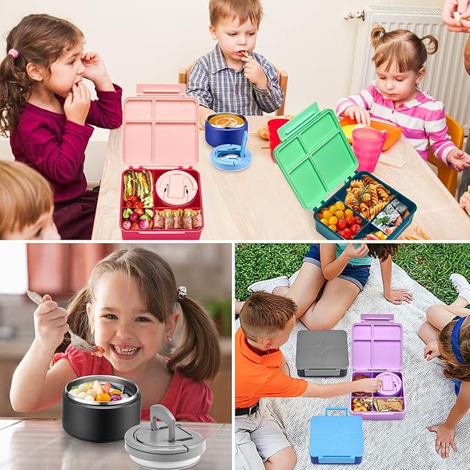Bento Lunch Box for Kids with 8oz Soup Thermo,Kids Leakproof Lunch Food Containers with 4 Compartment,Kid Insulated Thermo Hot Food Jar for School,Trvael-Black
