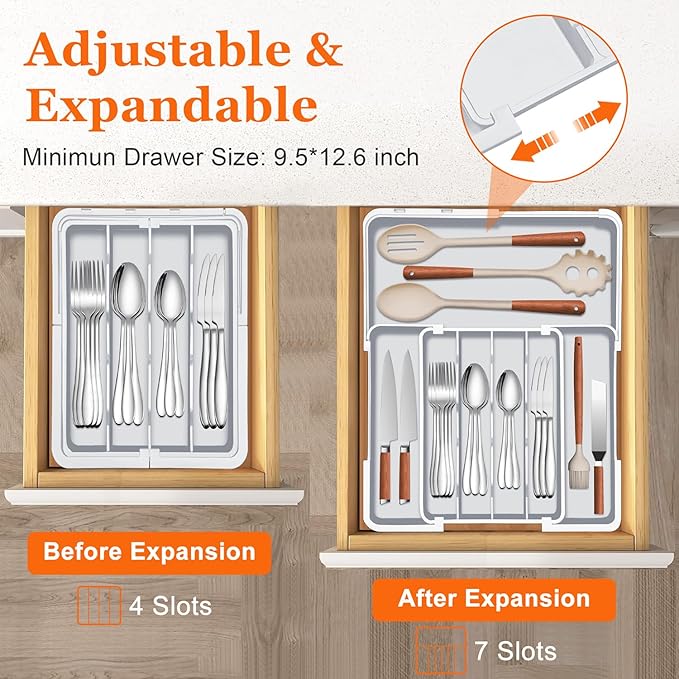 Expandable Silverware Drawer Organizer BPA Free Cutlery Organizer Small Utensil Organizer for Kitchen Drawers Adjustable Spoons Forks Knives Storage Drawer Divider, Gray
