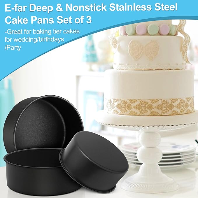 E-far Deep Cake Pan Set of 3 (6/8/9½ Inch), Nonstick Stainless Steel Round Cake Pans Tins for Baking Layer Wedding Cakes, Stainless Steel Core & Nontoxic Coating, Deep & Straight Side