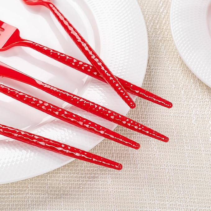LIYH 150 Pcs Red Plastic Cutlery Sets - Red Plastic Silverware Heavyduty, Disposable Utensil Sets, 50 of Each Forks, Knives & Spoons Flatware Set for Party Birthday