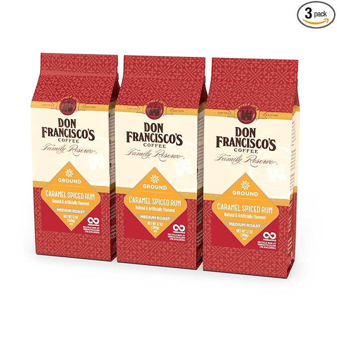 Don Francisco's Caramel Spiced Rum Ground Coffee, Medium Roast – Flavored 100% Arabica, 3-Pack (12 oz Bags), Premium Coffee for Drip, Pour Over & French Press