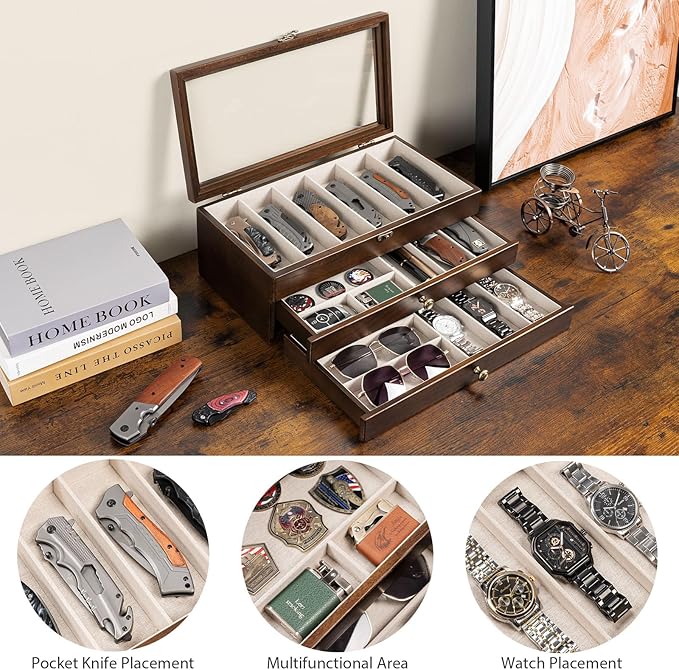 Knives Display Box, 3-Layer Pocket Knives Box Display & Storage Knives, Solid Wood Knives Box for Collections, Gift for Boyfriend Fathers Day Birthday Gifts(Walnut)