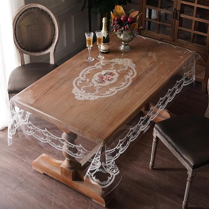 Clear Table Cover Protector Plastic Vinyl Table Cloth with White Lace Pattern Oil Spill Proof Plastic Tablecloths for Dining Tables Parties Holidays (French Lace, 60 x 120 Inches)