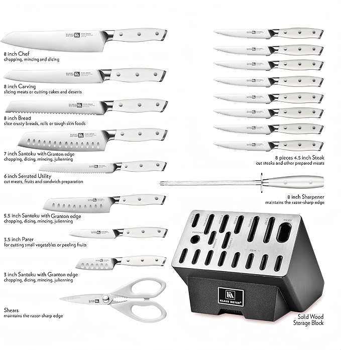 Klaus Meyer Stahl 19 Piece High Carbon Exclusive German Steel Knife Block Set (White)