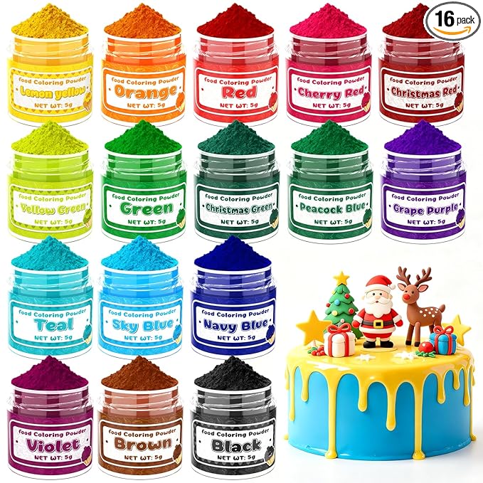 Food Coloring Powder - 16 Colors Vibrant Powdered Food Coloring, Concentrated Edible Dye Powder for Christmas Baking, Icing, Cooking, Cake Decorating, Cookies, Frosting - 5g/Bottle