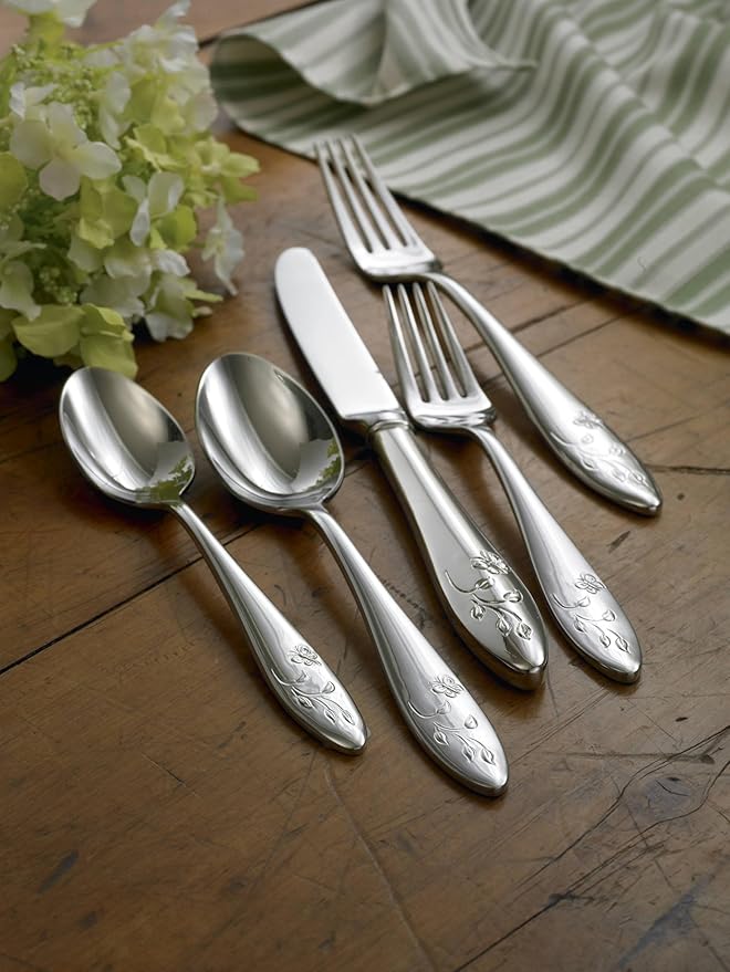 Lenox Silverware Set For 12, Butterfly Meadow 65-Piece Flatware Set, Service For 12, 18/10 Stainless Steel, Dishwasher Safe, Butterfly and Flower Motif, Includes Serving Utensils (Silver, 65 Piece)