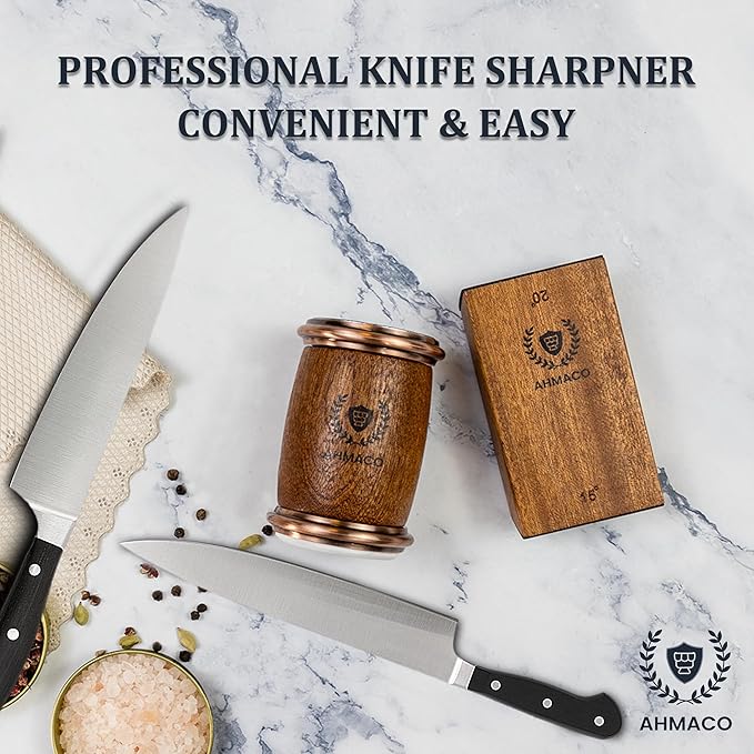 Rolling Knife Sharpener Wooden Kit - Roller Wheel Sharpener with Magnetic Holder | 400 Grit Diamond & 1000 Ceramic Disks Sharpeners | 15 & 20 Angle for Special & Standard Kitchen Knives