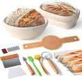 Banneton Bread Proofing Basket Set, 9" Round & 10" Oval Natural Rattan Sourdough Bowl with Linen Liner, Sourdough Starter Kit, Fermented Cloth, Silicone Bread Sling, Ideal for Homemade Bread