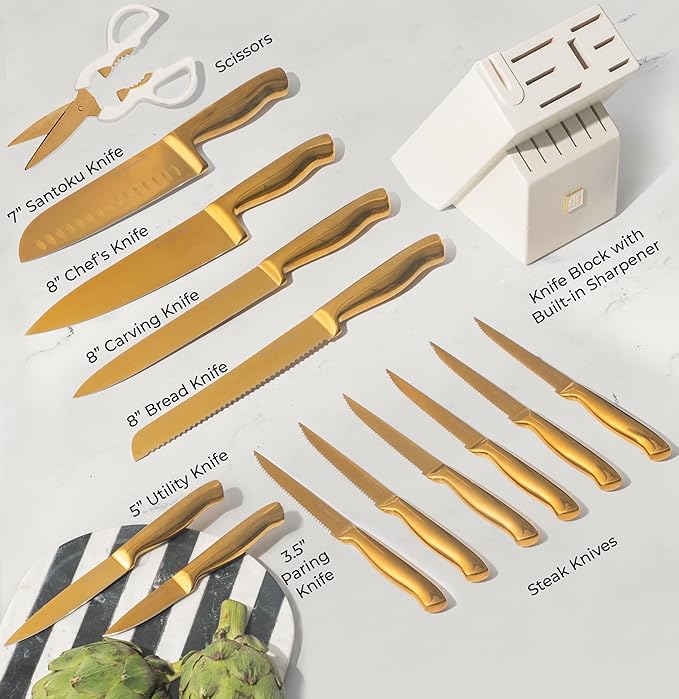 STYLED SETTINGS White and Gold Knife Set with Block – 14-PC Full Tang Titanium-Coated Stainless Steel Gold Knives and White Knife Block with Built-In Sharpener – Luxury Kitchen Accessories