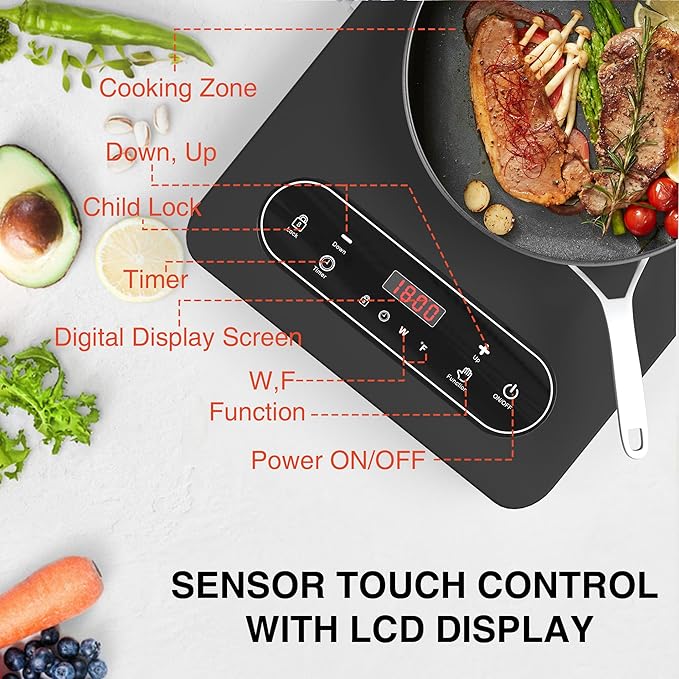 Electric Cooktop 1800W: Single Burner Portable Electric Stove 110V with LED Touch Screen 10 Power Levels, Hot Plate with Child Safety Lock, Timer and Overheat protection, Compatible with All Cookware