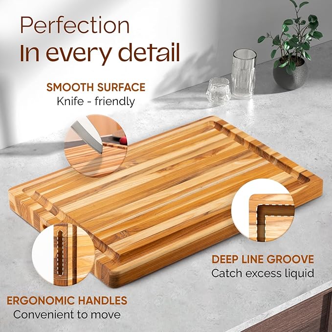 Yes4All Durable Teak Cutting Boards for Kitchen, [20''L x 15''W x 1.5” Thick] Large Edge Grain Cutting Board, Pre Oiled Wood Cutting Boards, Thick Chopping Board w/Juice Grooves and Easy Grip Handle