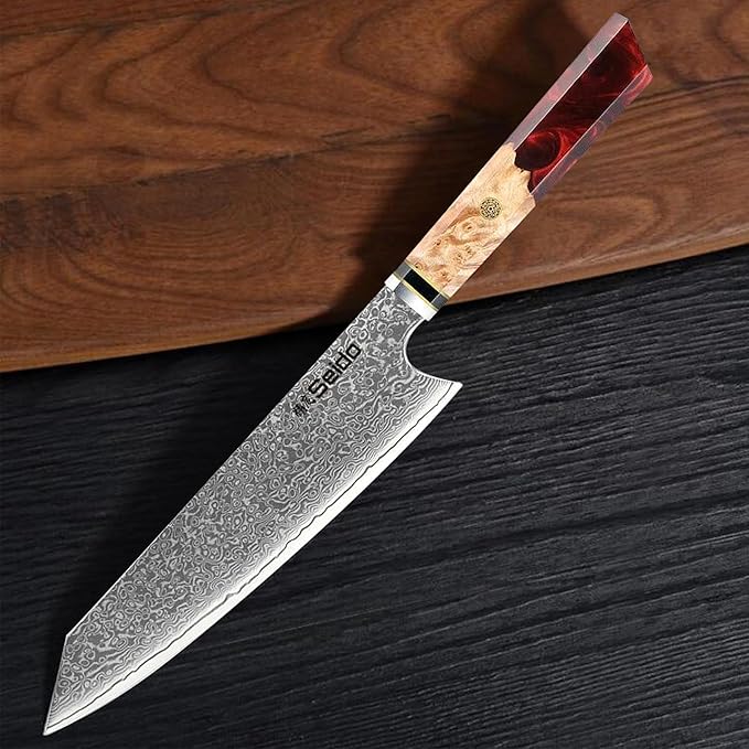 Seido Knives Kiritsuke Damascus Steel Chef Knife Epoxy Resin Stabilized Wood Handle Professional Kitchen Knife VG10 High Carbon Stainless Steel, Ruby Red