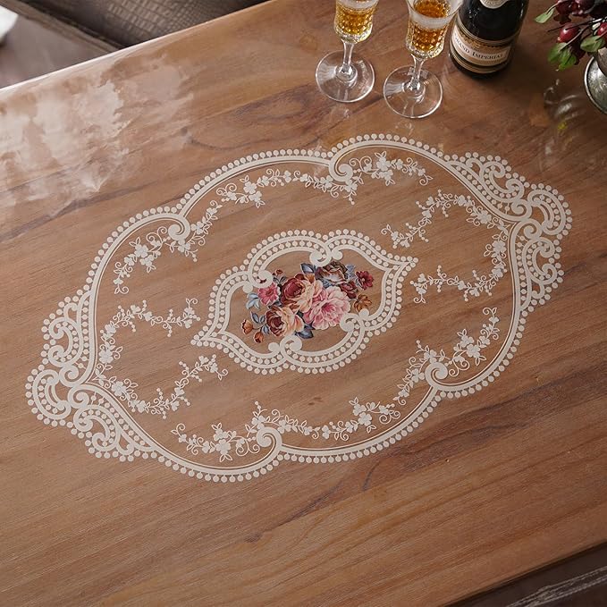 Clear Table Cover Protector Plastic Vinyl Table Cloth with White Lace Pattern Oil Spill Proof Plastic Tablecloths for Dining Tables Parties Holidays (French Lace, 60 x 120 Inches)