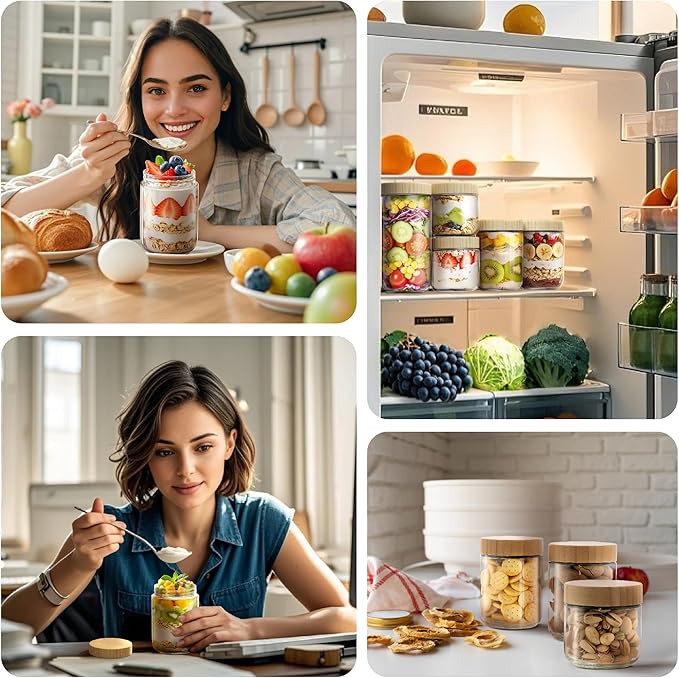 6 pack 24oz Overnight Oats Containers with Bamboo Lids, Glass Jars with Airtight Lids for Meal Prep, Wide Mouth Mason Salad Jars, Glass Food Storage Container for Yogurt Chia Snacks Spice Sugar