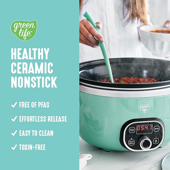 GreenLife 8QT Slow Cooker, Non-Toxic PFAS-Free Ceramic Nonstick Removable Interior Bowl, Programmable, Family Friendly, Keep Warm, Stovetop & Oven Safe, Dishwasher Safe Parts, Glass Lid, Turquoise