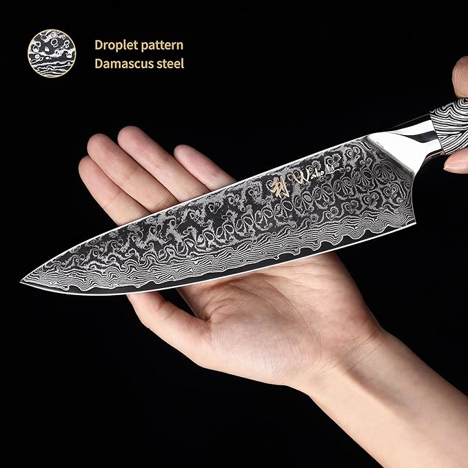 Wakoli Damascus Knife Block Set – 5-Piece Professional Chef Knife Collection with Magnetic Block | Genuine 67-Layer Damascus Steel Blades with VG10 Core | Ergonomic G10 Handles (Noir Blanc)