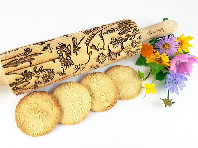 MEADOW Embossing Rolling Pin. Laser Engraved Rolling Pin for Pottery and Cookies by Algis Crafts