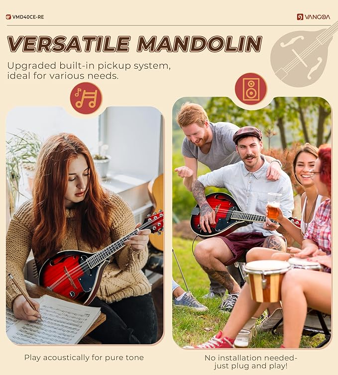 Vangoa Mandolin Musical Instrument A Style Acoustic Electric, 8 Strings Mahogany for Beginner Adults Teens, Red Burst