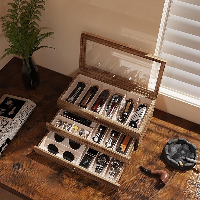 Knife Display Case, 3-Layer Pocket Knife Case Display & Storage Knives, Solid Wood Knife Case for Collections, Gift for Boyfriend Fathers Day Birthday Gifts(Brown)