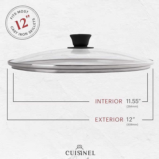 Cuisinel Cast Iron Skillet with Lid - 12"-Inch Frying Pan + Glass Lid + Heat-Resistant Handle Cover - Pre-Seasoned Oven Safe Cookware - Indoor/Outdoor Use - Grill, BBQ, Fire, Stovetop, Induction Safe