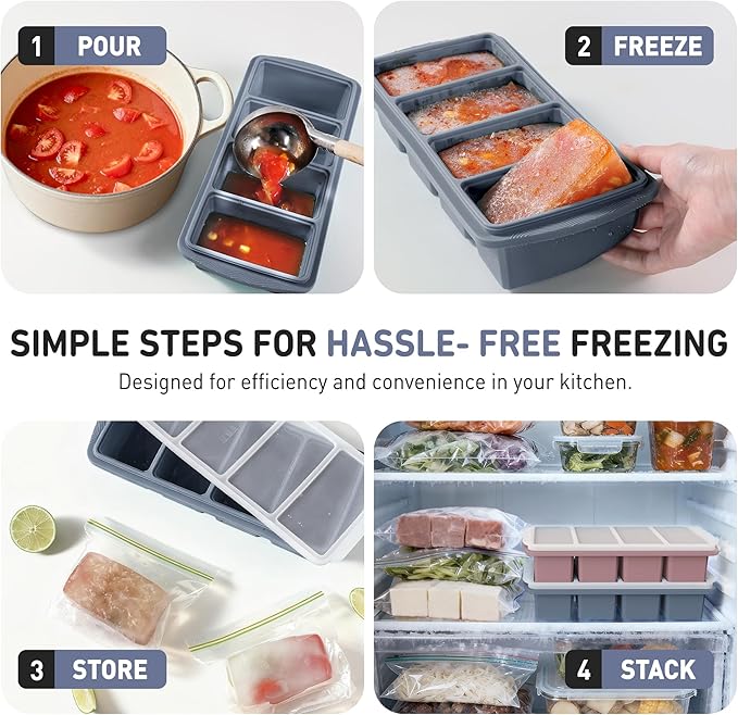 Silicone Freezer Tray with Lid Soup Freezer Container Molds with Steel Reinforced Rim Large Ice Cube Tray Makes 8 Perfect 1 Cup Portions Cubes Storage Food Meal Prep Containers Kitchen Mold