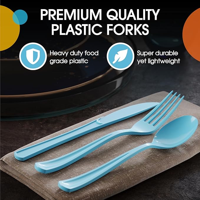 Party Solids Light Blue Plastic Silverware Heavy Duty 300 Pcs Light Blue Plastic Cutlery Sets, Utensil Sets, 100 Of Each Forks, Knives & Spoons Disposable Cutlery Set, Flatware Set For Party Supplies