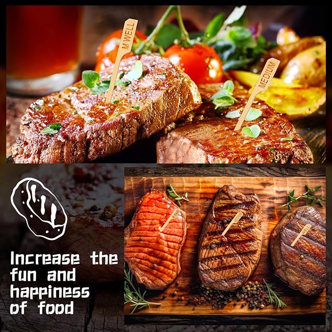 Soaoo 1000 Pcs 3.5" Assorted Bamboo Wood Temperature Picks Steak Temperature Sticks Meat Doneness Steak Markers Bamboo Paddle Skewers Sticks for BBQ Barbecue Party Cocktail Fruit Grilling Roasting