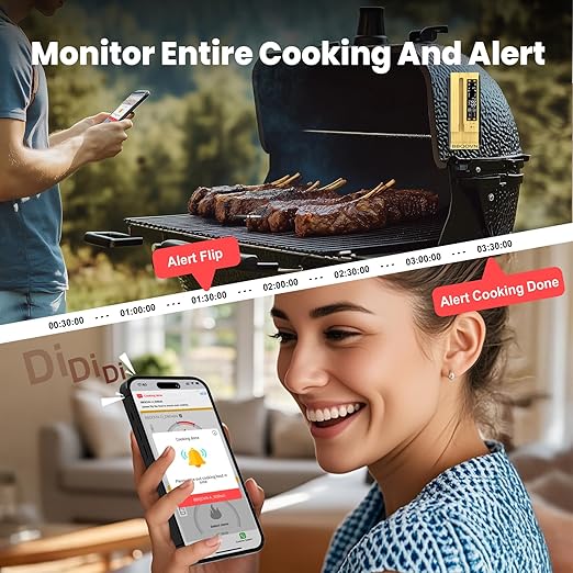 Sub-1g WiFi Wireless Meat Thermometer Unlimited Range with Digital Smart Base 7 NIST Certified Sensors with Ambient Temp Monitor for BBQ, Grill,Oven, Smoker(1, Black, Small)