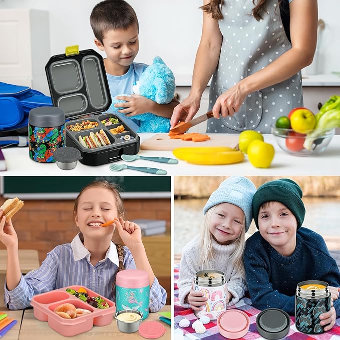 Itslife Bento Lunch Box Set for Kids with 12oz Soup Thermo&Lunch Bag, Leak-Proof Lunch Food Containers for Kids School, 5 Compartment, Sauce Cup, 10 Notes (Mermaids Green)