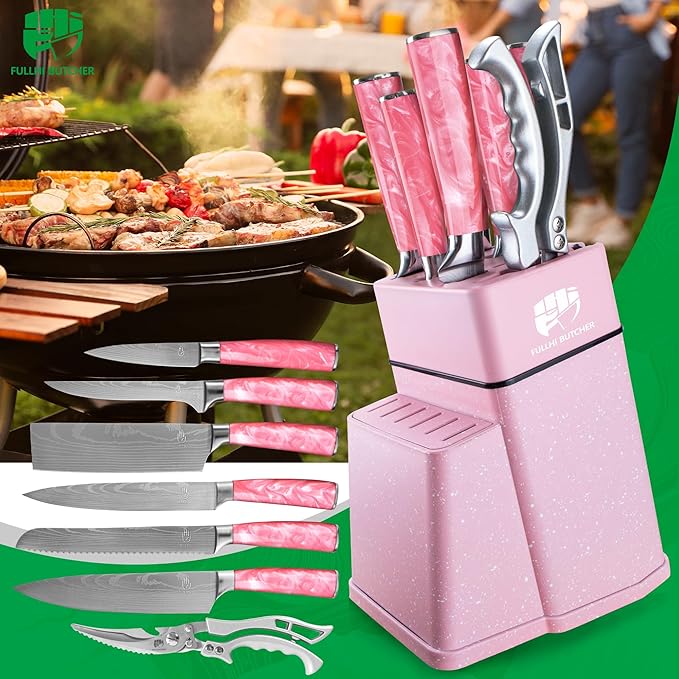 FULLHI 8pcs block Knife Set,chef's Knves Set with Block and Sharpener, Kitchen Knife Set,Multi-colour Handle, Gifts for Men Women