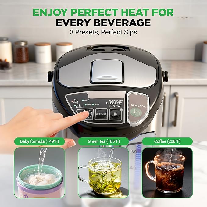NutriChefKitchen Electric Water Boiler and Warmer - 3L/3.17 Qt Stainless Steel Electric Hot Water Dispenser w/Rotating Base, Auto Shut Off, Safety Lock, Instant Heating for Coffee & Tea (NCHUB13)