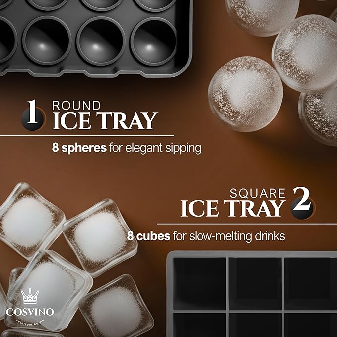 Large Ice Cube Trays Perfect for Whiskey and Summer Drinks - Italian Design - 2 Pack (16 x Ice Cubes | Square and Round | XL size) - Cosvino - Removable Lid, Easy Release (Tuxedo Black)