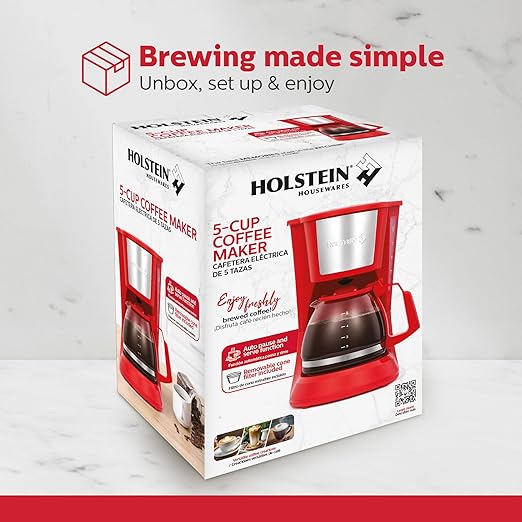 Holstein Housewares 5 Cup Drip Coffee Maker – Compact and User-Friendly with Auto Pause & Serve, Reusable Filter, Measuring Spoon & Glass Carafe, Office & Dorm Use, Red