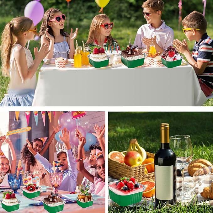 50 Pcs Mini Square Baking Cups with Lids,5oz Aluminum Foil Mini Cake Pans with Lids,Disposable Ramekins Cake Pans,150ml Dessert Cups Cupcake Pans for Wedding Birthday Party,Dark Green
