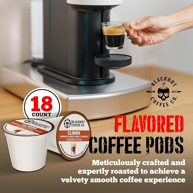 BLACKOUT COFFEE CLIMAX Amaretto, Irish Cream & Kahlua Flavored Coffee Pods – Premium Arabica, Smooth Taste, Guilt-Free Indulgence – 18 Count Single Serve Coffee Pods, American Made