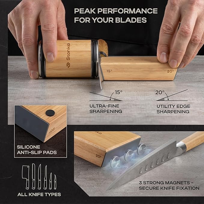 Stonka Oak Rolling Knife Sharpener Kit – Dual-Grit Diamond Wheels Kit (400/1000), Easy to Use Knife Sharpener Roller with Magnetic Holder with 15° & 20°, Leather Strap