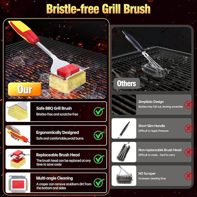 Grill Cleaning Brush Bristle Free Outdoor 19inch Extended Handle Grill Cleaner Brush for Cast Iron Stainless-Steel Grates, Replaceable BBQ Cleaning Brush Head, Steam Safe Grill Brush with Scraper, Red