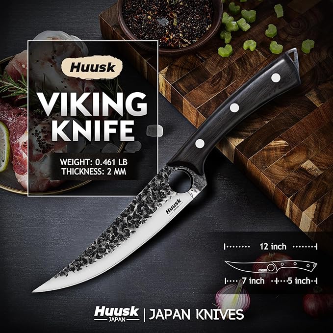 Huusk Viking Boning Knife 6 inch, Japanese Boning Knives for Meat Cutting, Full Tang Fillet Knives with Sheath, Brisket Trimming Knives for BBQ, Camping, Ideal Gift