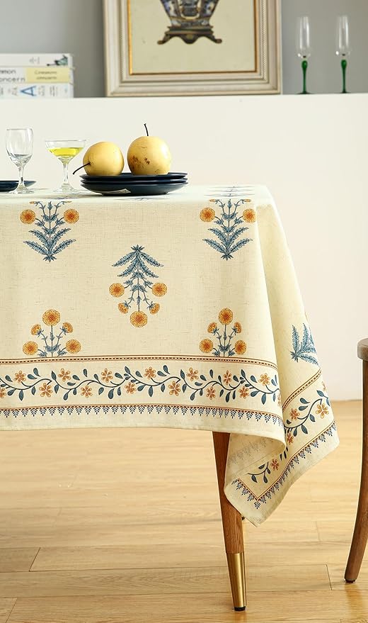 ISAENNE Designer French Pale Yellow Small Square Tablecloth,Linen Floral Table Cloth,Wrinkle Resistant Decor Tablecloths for Dining Thanksgiving Banquet Kitchen Party,55"*55"-Estevan A