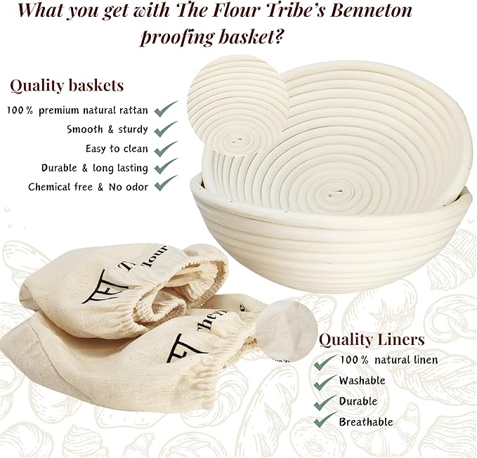 Banneton Bread Proofing Basket: Sourdough Bread Baking Supplies, Sourdough Starter Kit, Bread Making Supplies Tools, Baking Gift Set, 9 inch round rattan Basket, bread bag, dough scraper, scoring lame