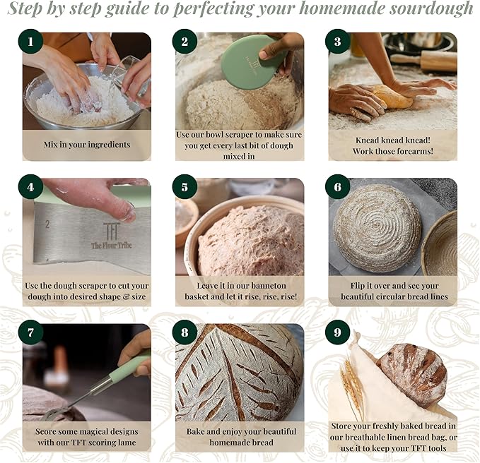 Banneton Bread Proofing Basket Set: Sourdough Starter Kit - 9 inch Round Rattan bowl, Scoring lame, dough scraper, bread bag, Sourdough Bread Baking Supplies Tools - Baking gift set