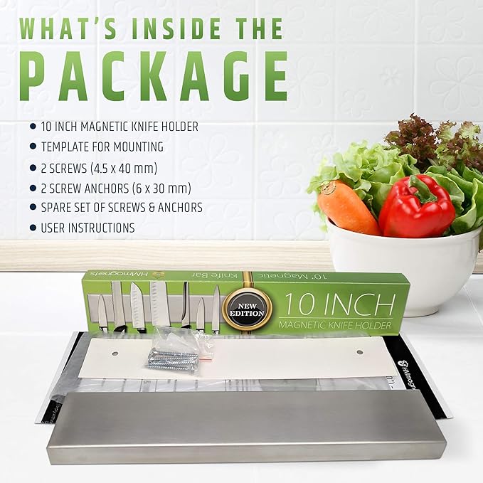 Premium Stainless Steel Magnetic Knife Holder for Wall - 10 Inch Professional Magnetic Knife Strip - Space-Saving Knife Rack/Knife Bar With Powerful Magnetic Pull Force (Upgraded Version)