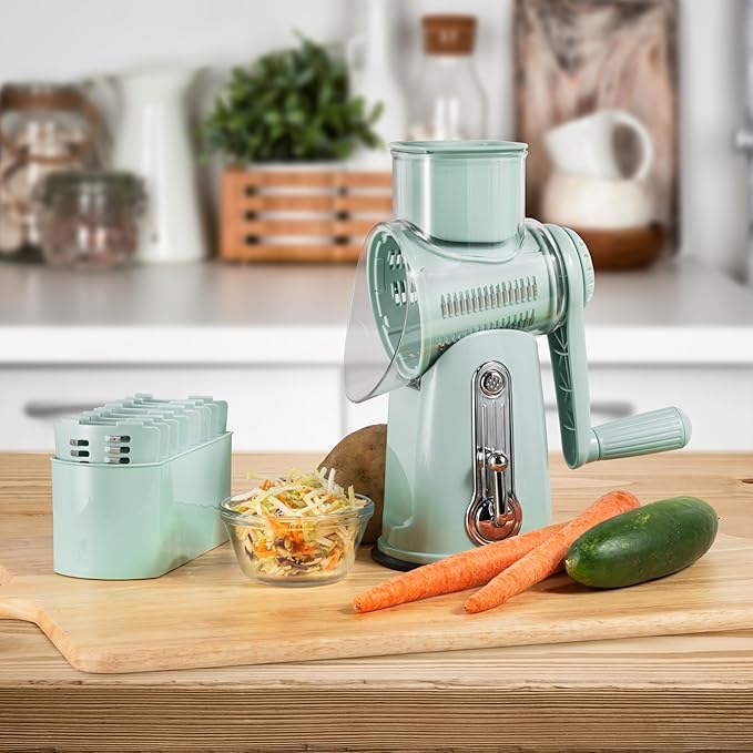 5 in1 Rotary Cheese Grater with Handle, Rotary Grater, Vegetable Slicer, Shredder, Carrot Grater, Nut Grinder, and Chocolate Shaver (Light Green)
